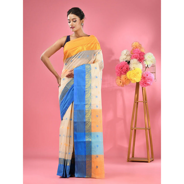 CHARUKRITI Off White Pure Cotton Tant Woven Design Saree without Blouse