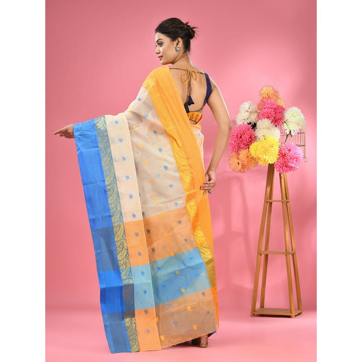 CHARUKRITI Off White Pure Cotton Tant Woven Design Saree without Blouse