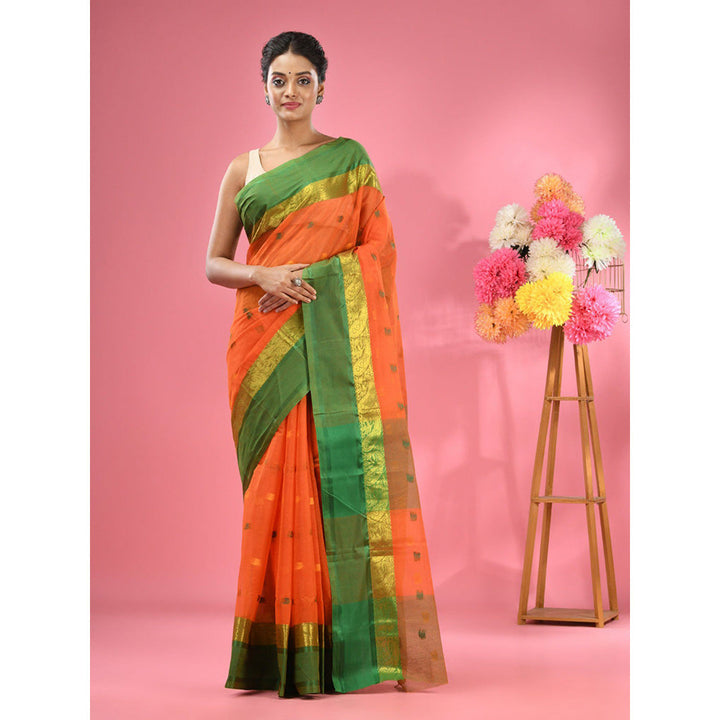 CHARUKRITI Orange Pure Cotton Tant Woven Design Saree without Blouse