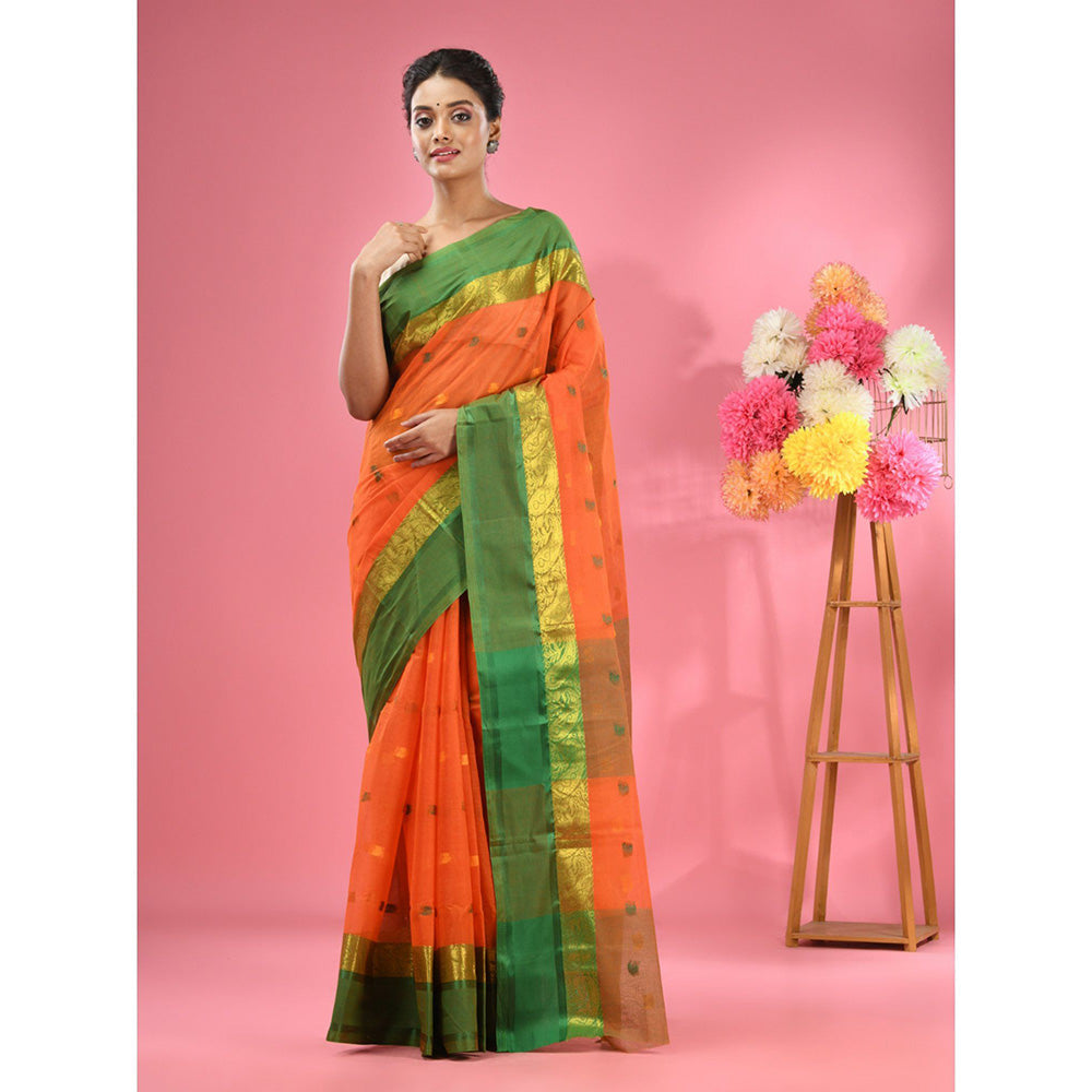 CHARUKRITI Orange Pure Cotton Tant Woven Design Saree without Blouse