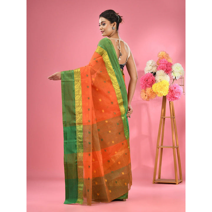 CHARUKRITI Orange Pure Cotton Tant Woven Design Saree without Blouse