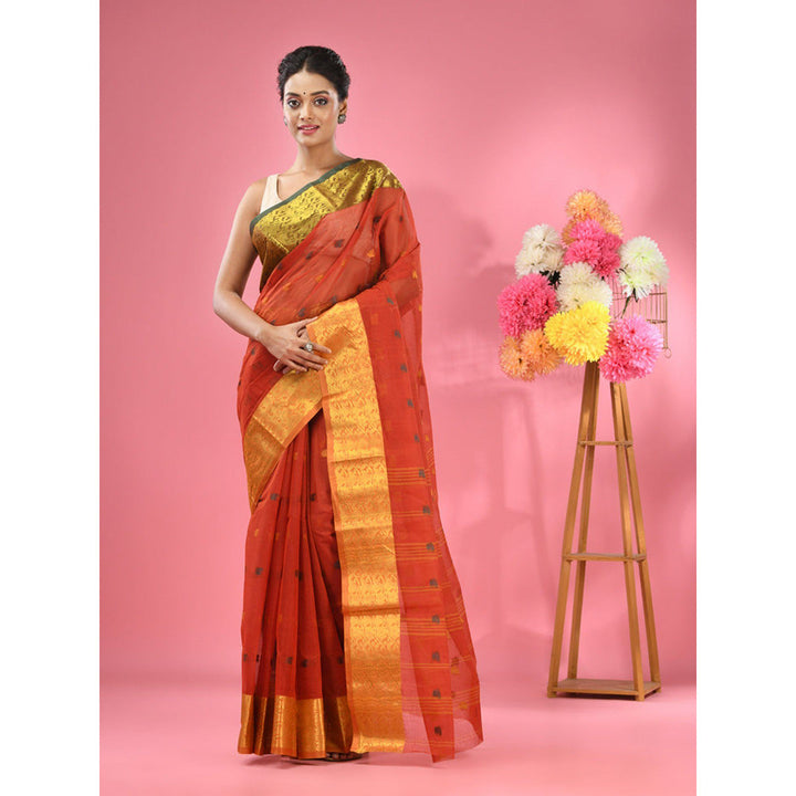 CHARUKRITI Brick Red Pure Cotton Tant Zari Border Saree without Blouse