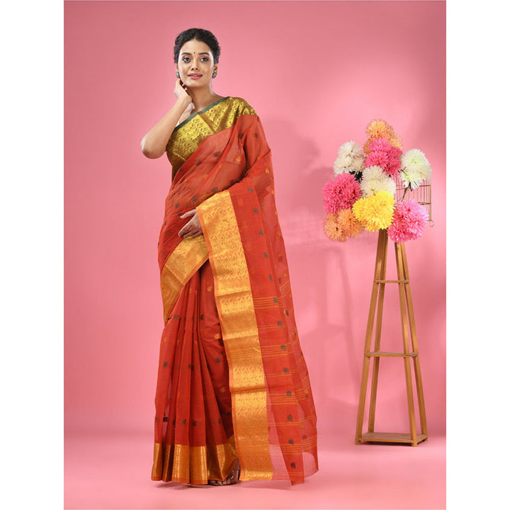 CHARUKRITI Brick Red Pure Cotton Tant Zari Border Saree without Blouse