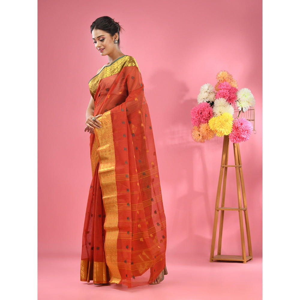 CHARUKRITI Brick Red Pure Cotton Tant Zari Border Saree without Blouse