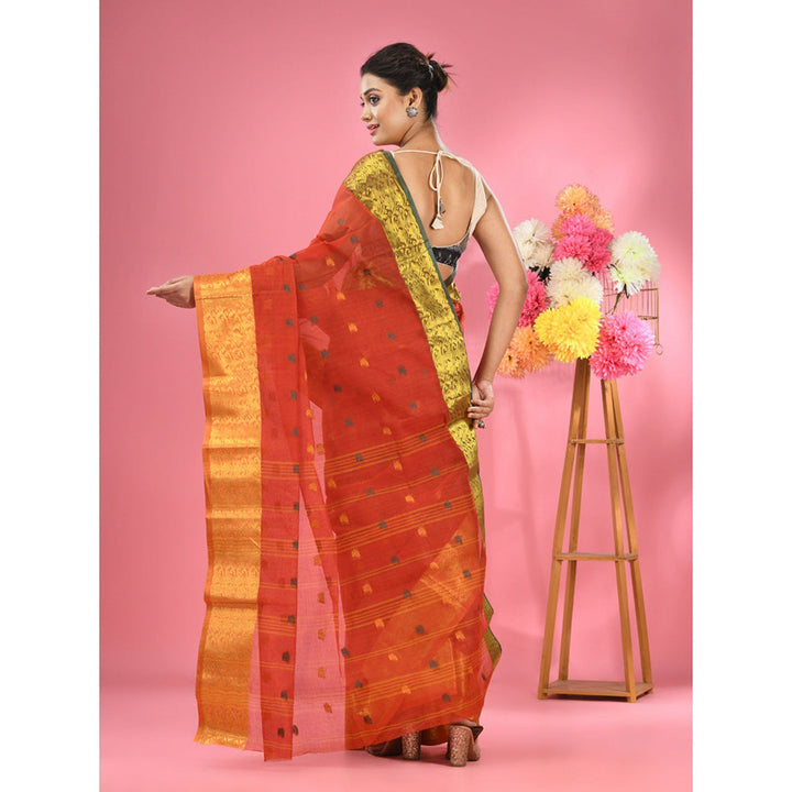 CHARUKRITI Brick Red Pure Cotton Tant Zari Border Saree without Blouse