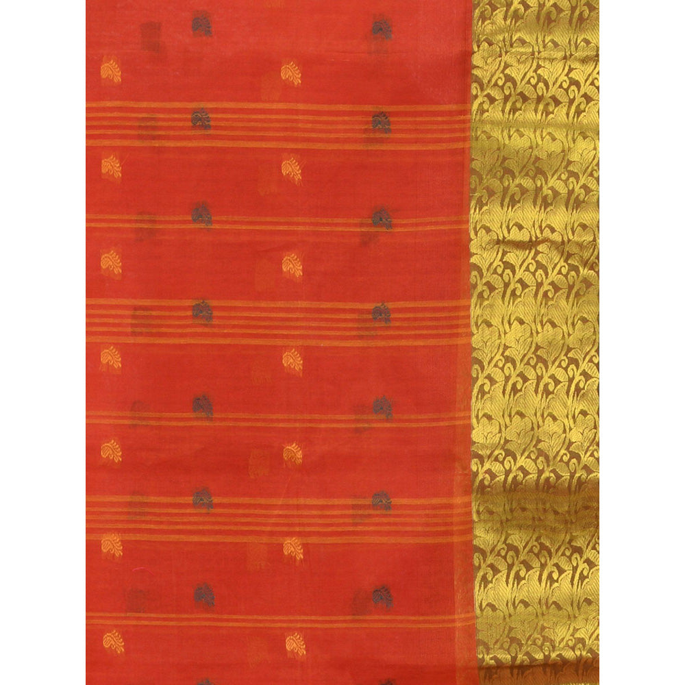 CHARUKRITI Brick Red Pure Cotton Tant Zari Border Saree without Blouse