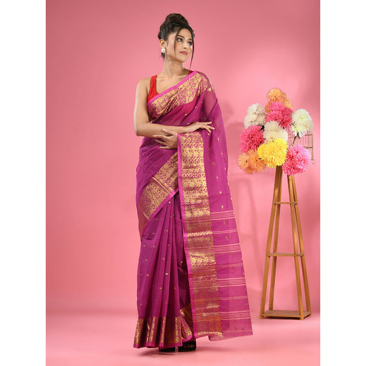 CHARUKRITI Purple Pure Cotton Tant Zari Border Saree without Blouse