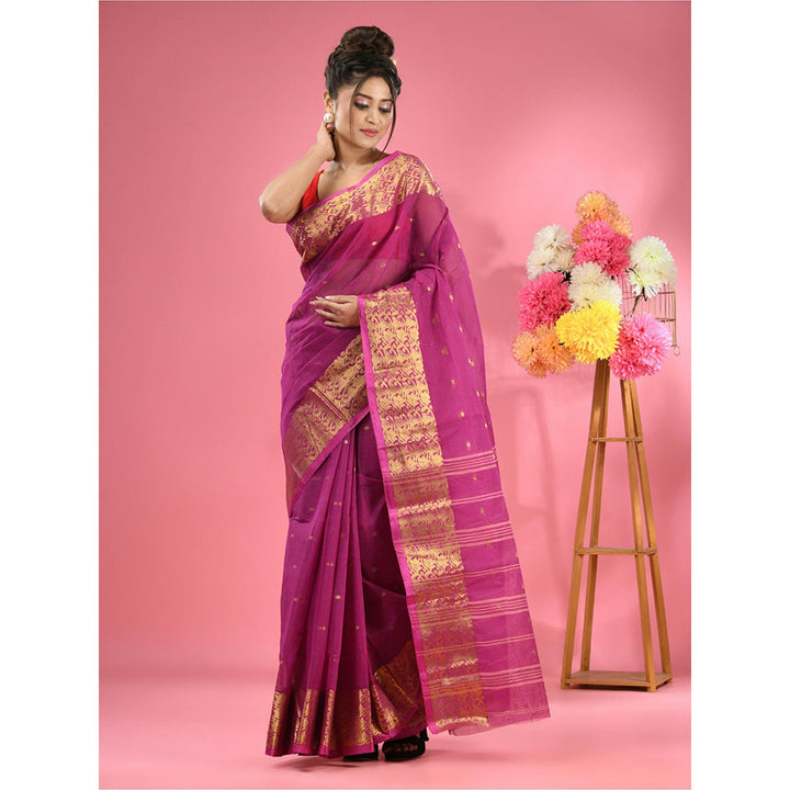 CHARUKRITI Purple Pure Cotton Tant Zari Border Saree without Blouse