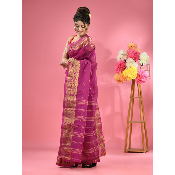 CHARUKRITI Purple Pure Cotton Tant Zari Border Saree without Blouse