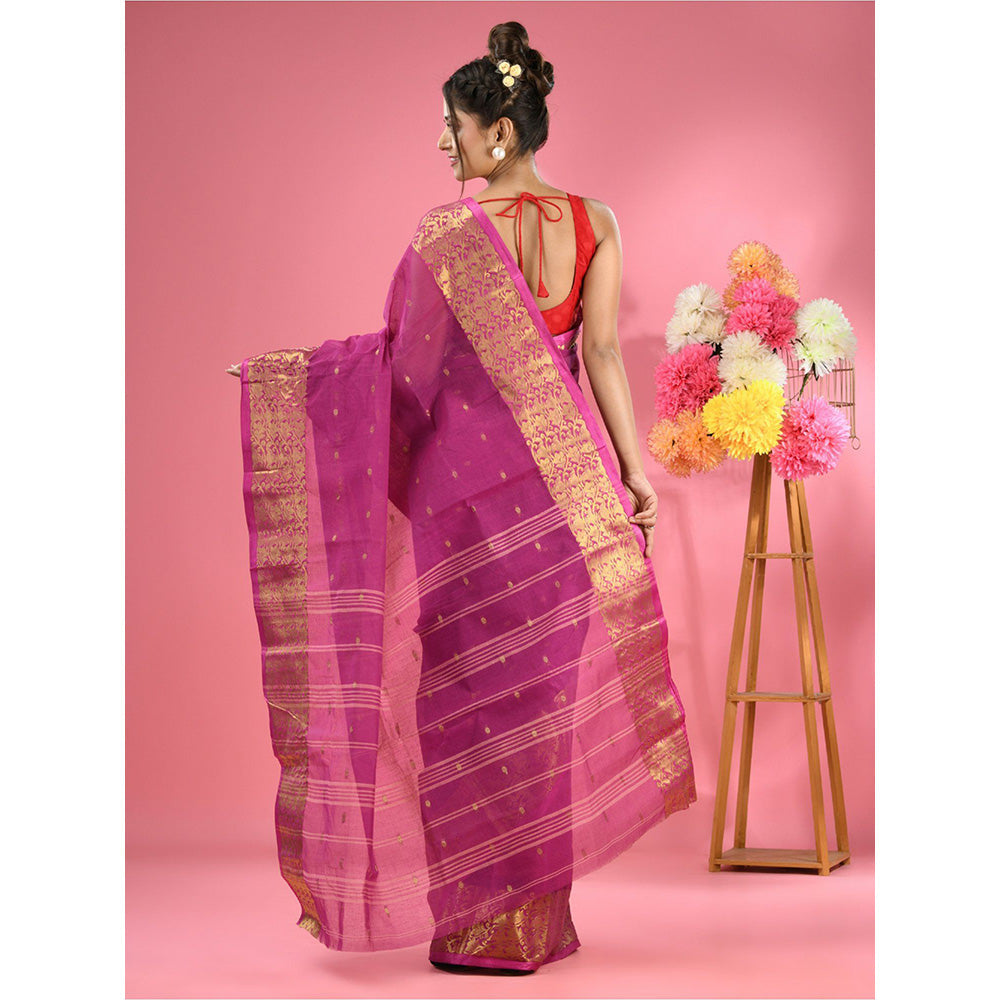 CHARUKRITI Purple Pure Cotton Tant Zari Border Saree without Blouse