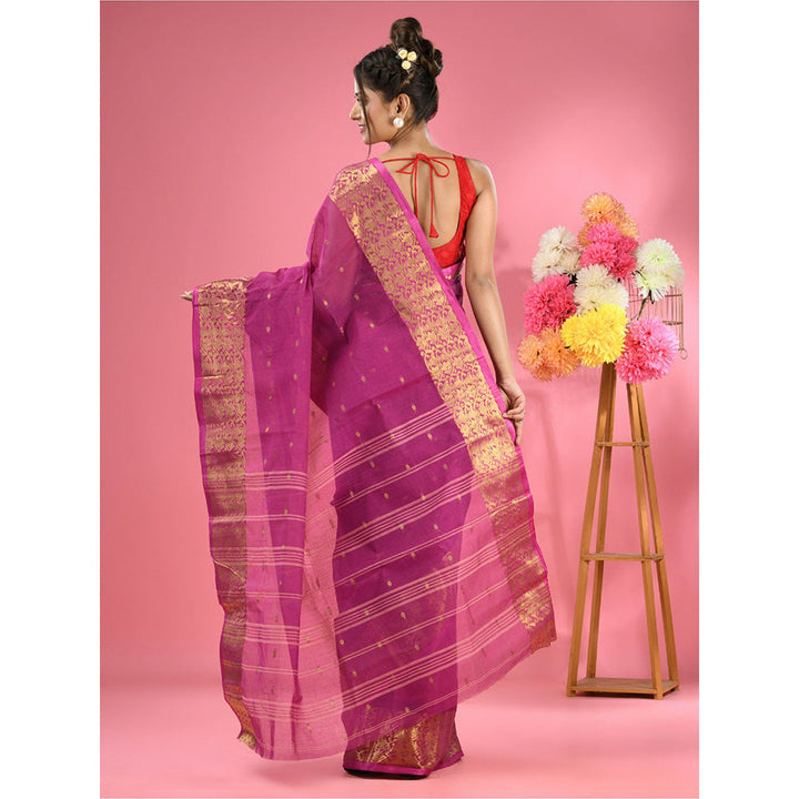 CHARUKRITI Purple Pure Cotton Tant Zari Border Saree without Blouse