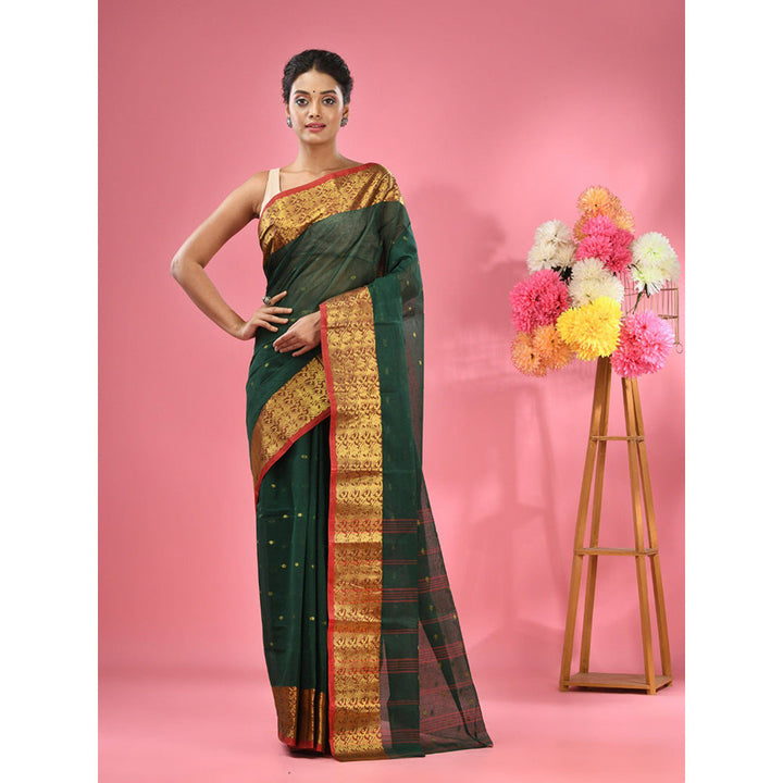 CHARUKRITI Dark Green Pure Cotton Tant Zari Border Saree without Blouse