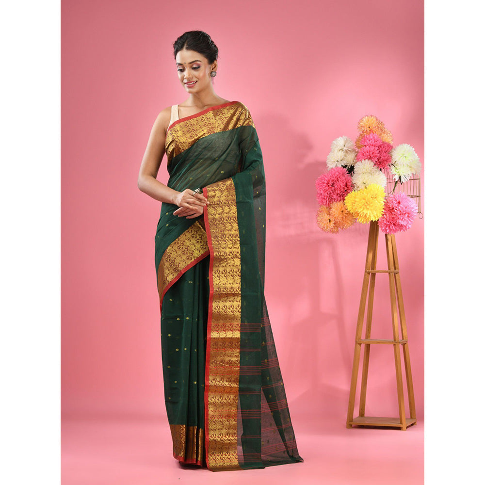 CHARUKRITI Dark Green Pure Cotton Tant Zari Border Saree without Blouse