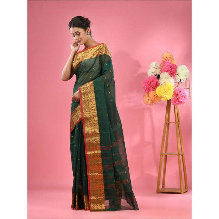 CHARUKRITI Dark Green Pure Cotton Tant Zari Border Saree without Blouse