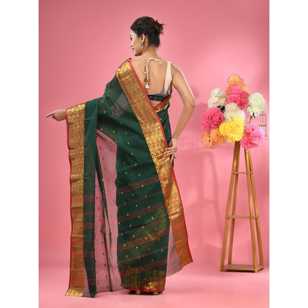 CHARUKRITI Dark Green Pure Cotton Tant Zari Border Saree without Blouse