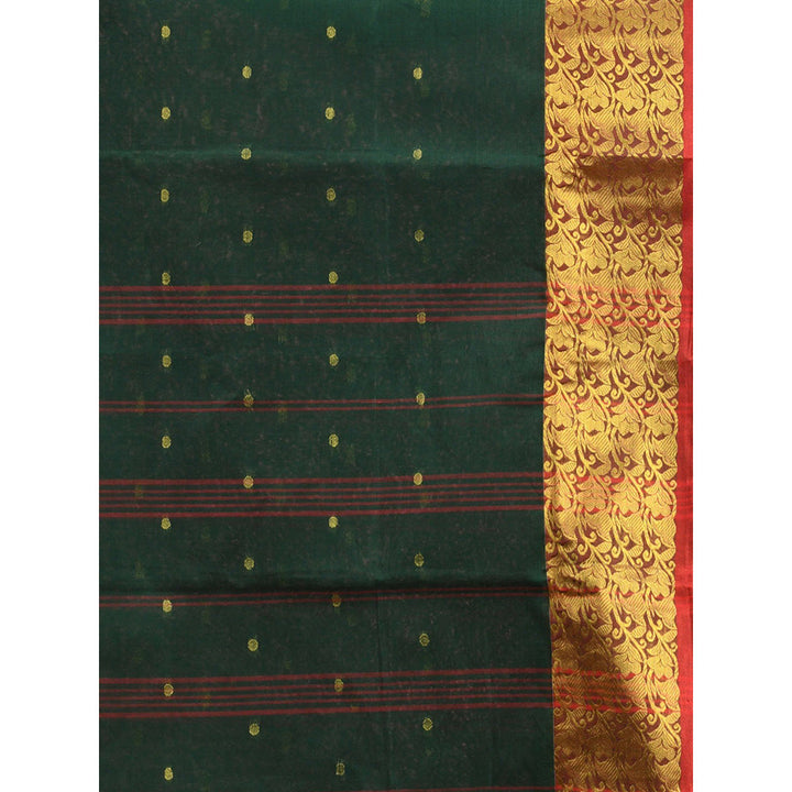 CHARUKRITI Dark Green Pure Cotton Tant Zari Border Saree without Blouse