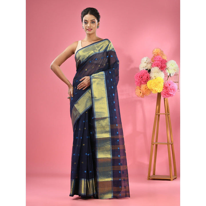 CHARUKRITI Midnight Blue Pure Cotton Tant Zari Border Saree without Blouse