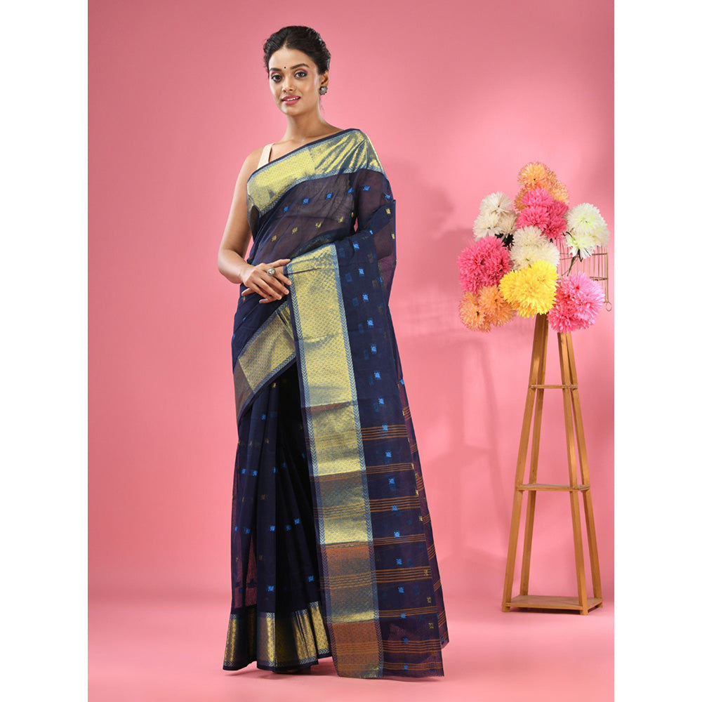 CHARUKRITI Midnight Blue Pure Cotton Tant Zari Border Saree without Blouse