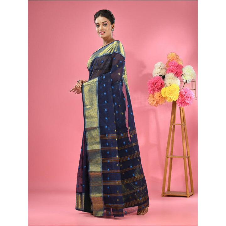 CHARUKRITI Midnight Blue Pure Cotton Tant Zari Border Saree without Blouse