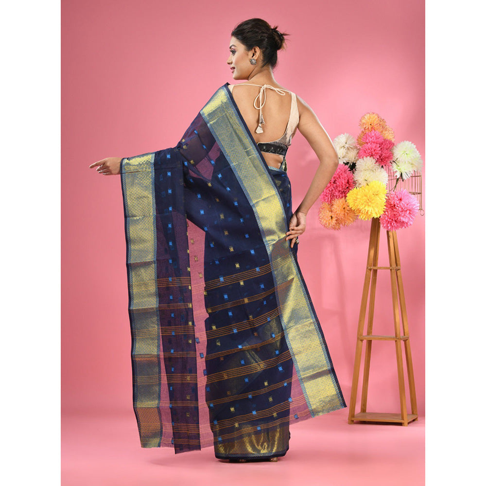 CHARUKRITI Midnight Blue Pure Cotton Tant Zari Border Saree without Blouse