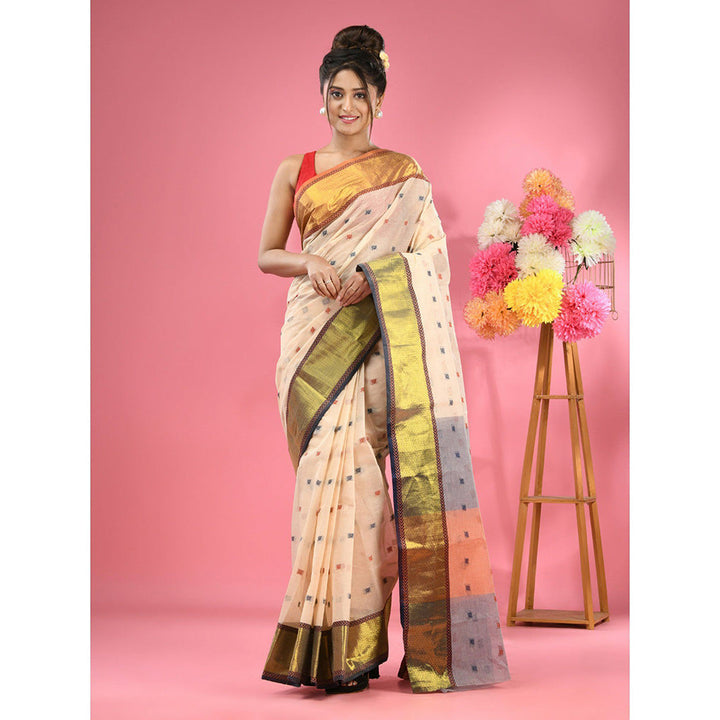 CHARUKRITI Off White Pure Cotton Tant Zari Border Saree without Blouse