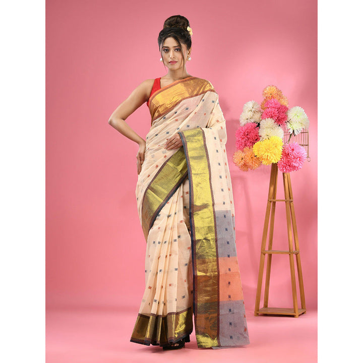 CHARUKRITI Off White Pure Cotton Tant Zari Border Saree without Blouse