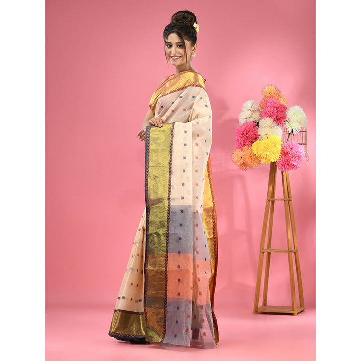 CHARUKRITI Off White Pure Cotton Tant Zari Border Saree without Blouse