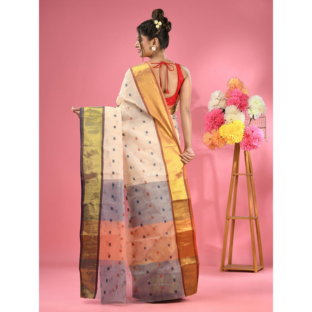 CHARUKRITI Off White Pure Cotton Tant Zari Border Saree without Blouse