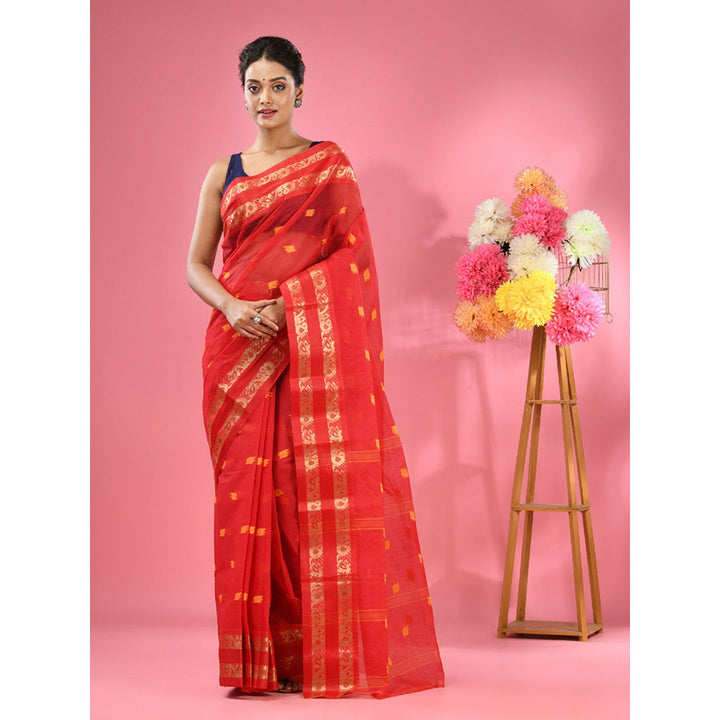 CHARUKRITI Red Pure Cotton Tant Woven Design Saree without Blouse