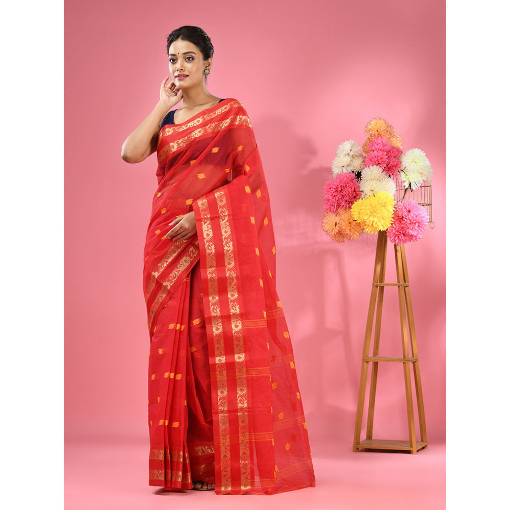 CHARUKRITI Red Pure Cotton Tant Woven Design Saree without Blouse