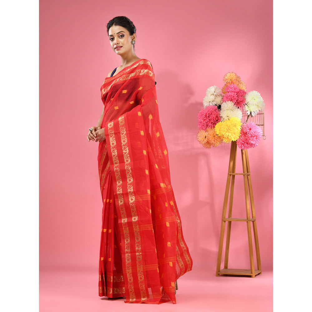 CHARUKRITI Red Pure Cotton Tant Woven Design Saree without Blouse