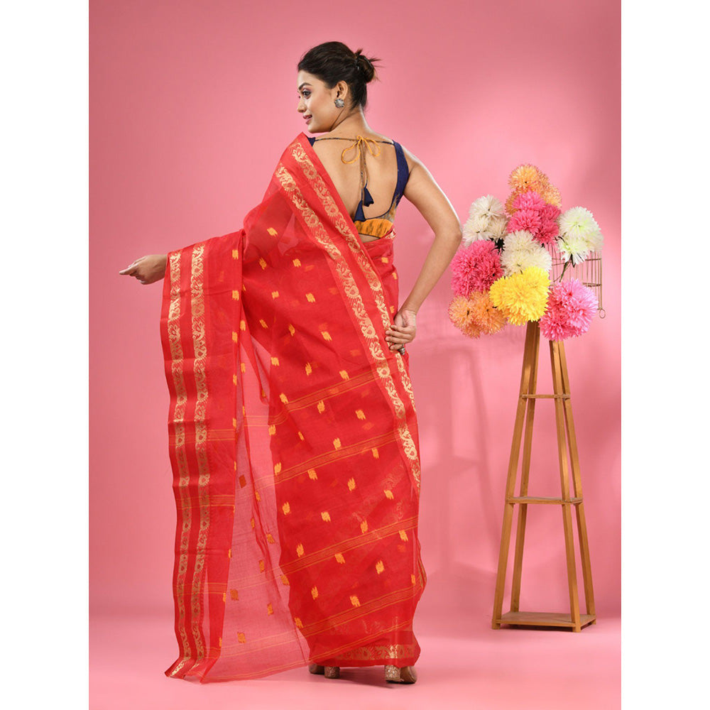 CHARUKRITI Red Pure Cotton Tant Woven Design Saree without Blouse