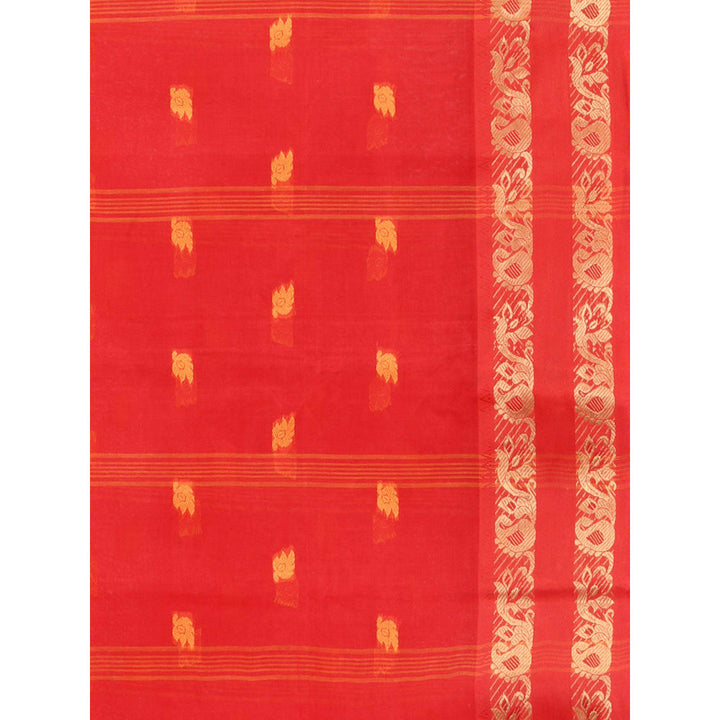 CHARUKRITI Red Pure Cotton Tant Woven Design Saree without Blouse