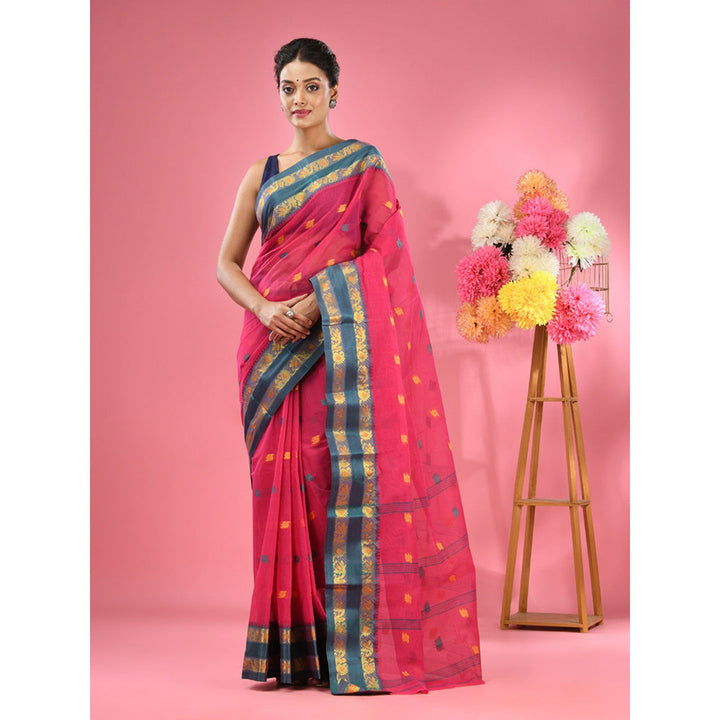 CHARUKRITI Rani Pink Pure Cotton Tant Woven Design Saree without Blouse