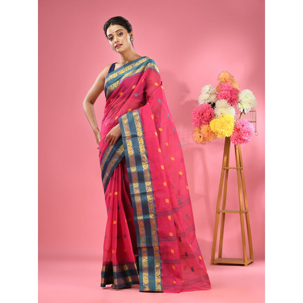 CHARUKRITI Rani Pink Pure Cotton Tant Woven Design Saree without Blouse