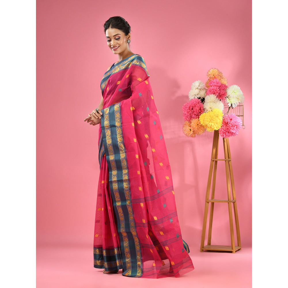 CHARUKRITI Rani Pink Pure Cotton Tant Woven Design Saree without Blouse