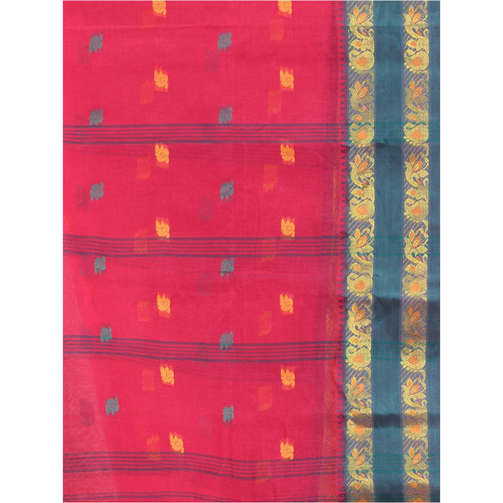 CHARUKRITI Rani Pink Pure Cotton Tant Woven Design Saree without Blouse