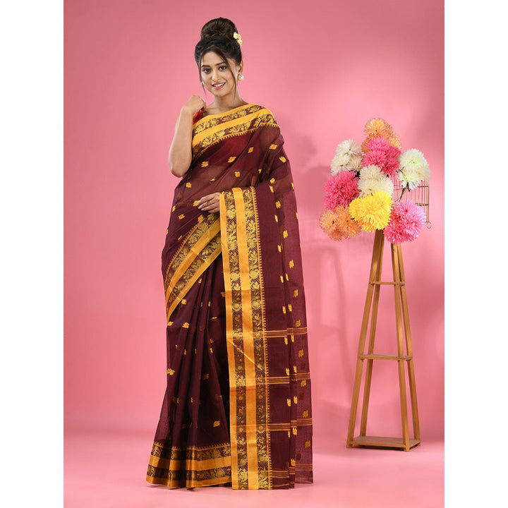 CHARUKRITI Dark Brown Pure Cotton Tant Woven Design Saree without Blouse