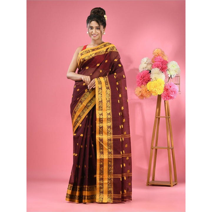 CHARUKRITI Dark Brown Pure Cotton Tant Woven Design Saree without Blouse