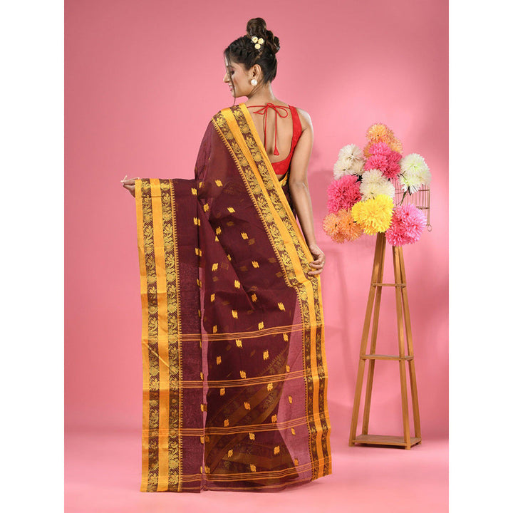 CHARUKRITI Dark Brown Pure Cotton Tant Woven Design Saree without Blouse