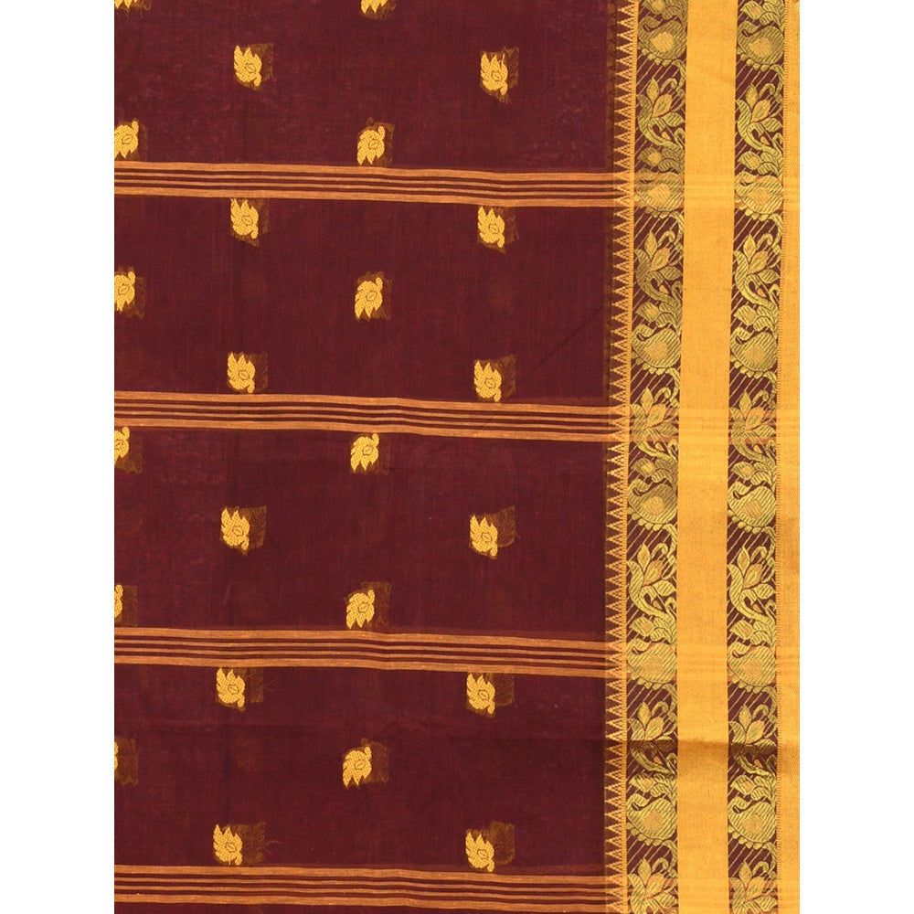 CHARUKRITI Dark Brown Pure Cotton Tant Woven Design Saree without Blouse