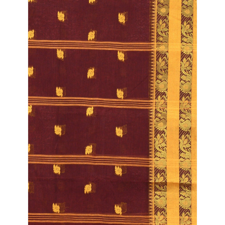 CHARUKRITI Dark Brown Pure Cotton Tant Woven Design Saree without Blouse