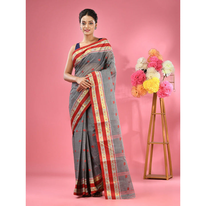 CHARUKRITI Grey Pure Cotton Tant Woven Design Saree without Blouse