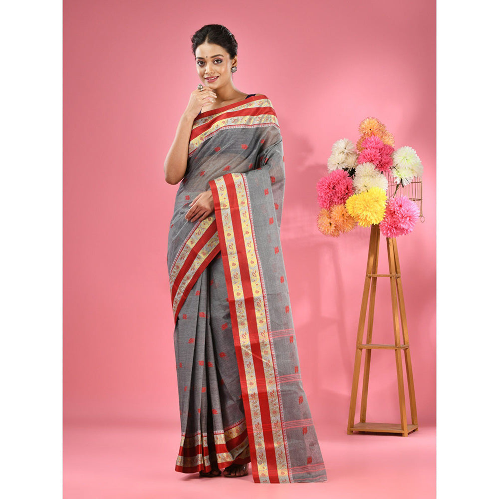 CHARUKRITI Grey Pure Cotton Tant Woven Design Saree without Blouse