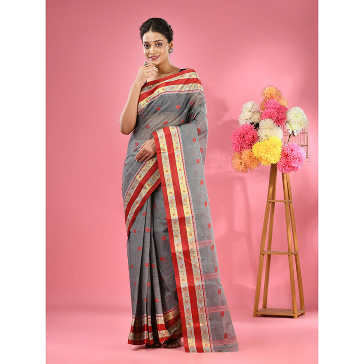 CHARUKRITI Grey Pure Cotton Tant Woven Design Saree without Blouse