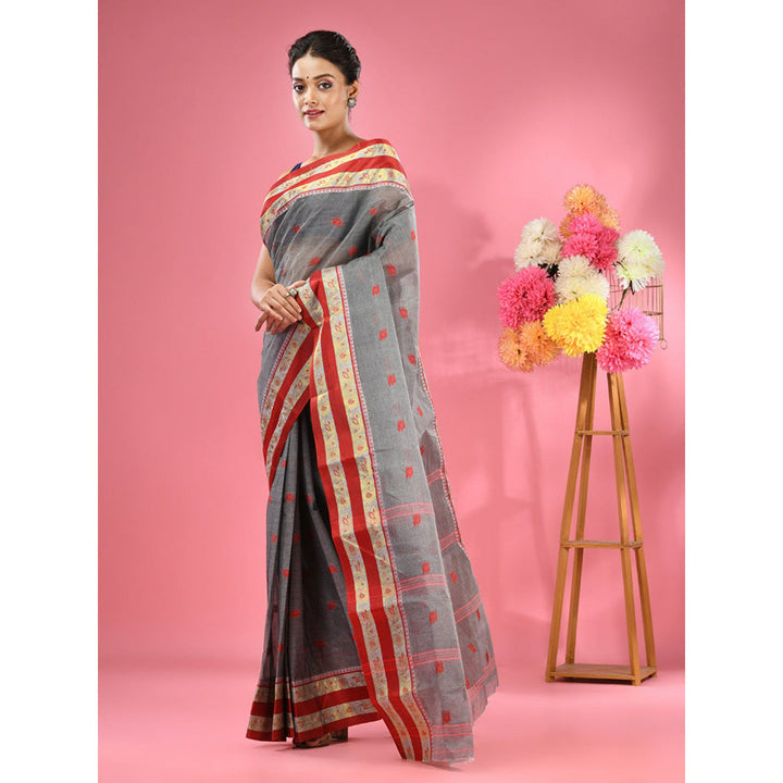 CHARUKRITI Grey Pure Cotton Tant Woven Design Saree without Blouse