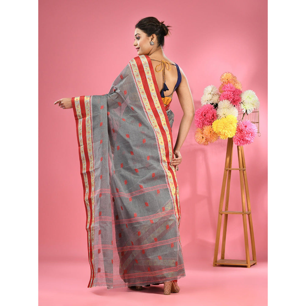 CHARUKRITI Grey Pure Cotton Tant Woven Design Saree without Blouse