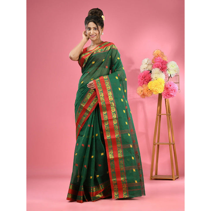 CHARUKRITI Shamrock Green Pure Cotton Tant Woven Design Saree without Blouse