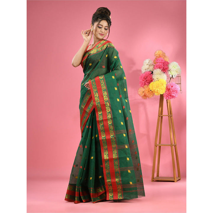 CHARUKRITI Shamrock Green Pure Cotton Tant Woven Design Saree without Blouse