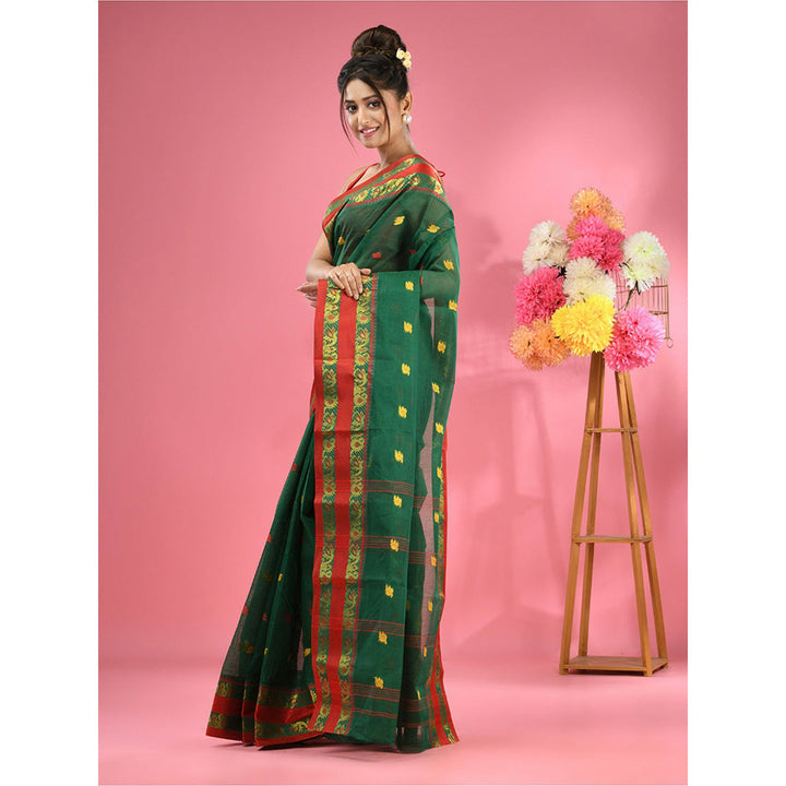 CHARUKRITI Shamrock Green Pure Cotton Tant Woven Design Saree without Blouse